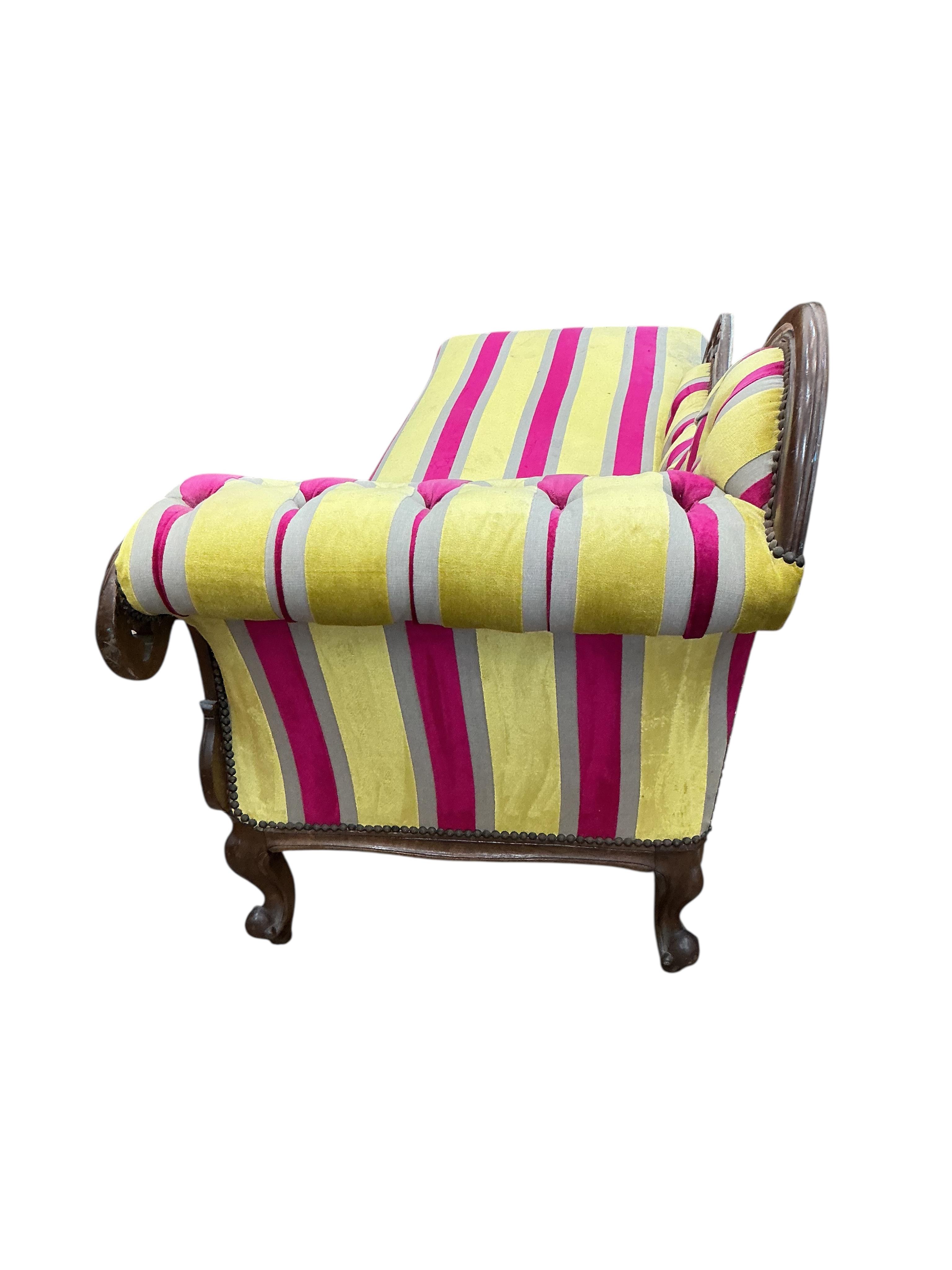 A Victorian mahogany scroll end chaise longue, width 180cm, depth 70cm, height 85cm